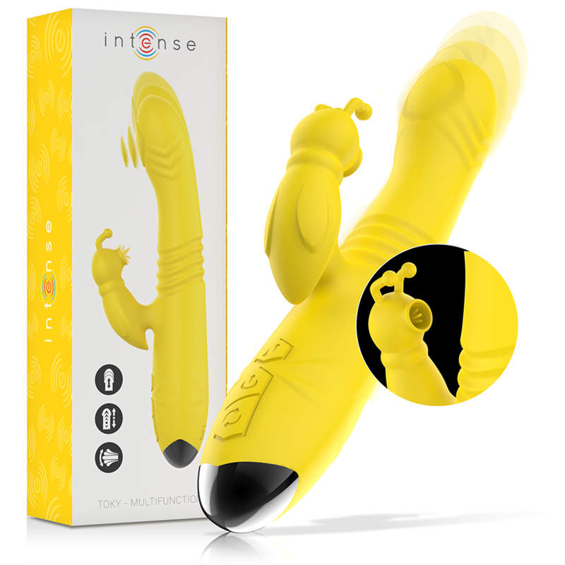 Intense Fun - Toky Multifunctional Rechargeable Up-Down Vibrator With Clitoris Stimulator Yellow, Dimensions: 24 x 4.4 cm (13 cm insertable)