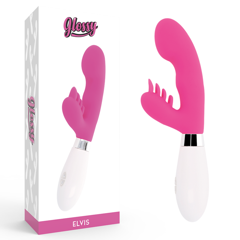 Glossy - Elvis Rabbit Pink, Silicone Vibrator with 10 Functions, 12cm, Works with 2 AAA Batteries