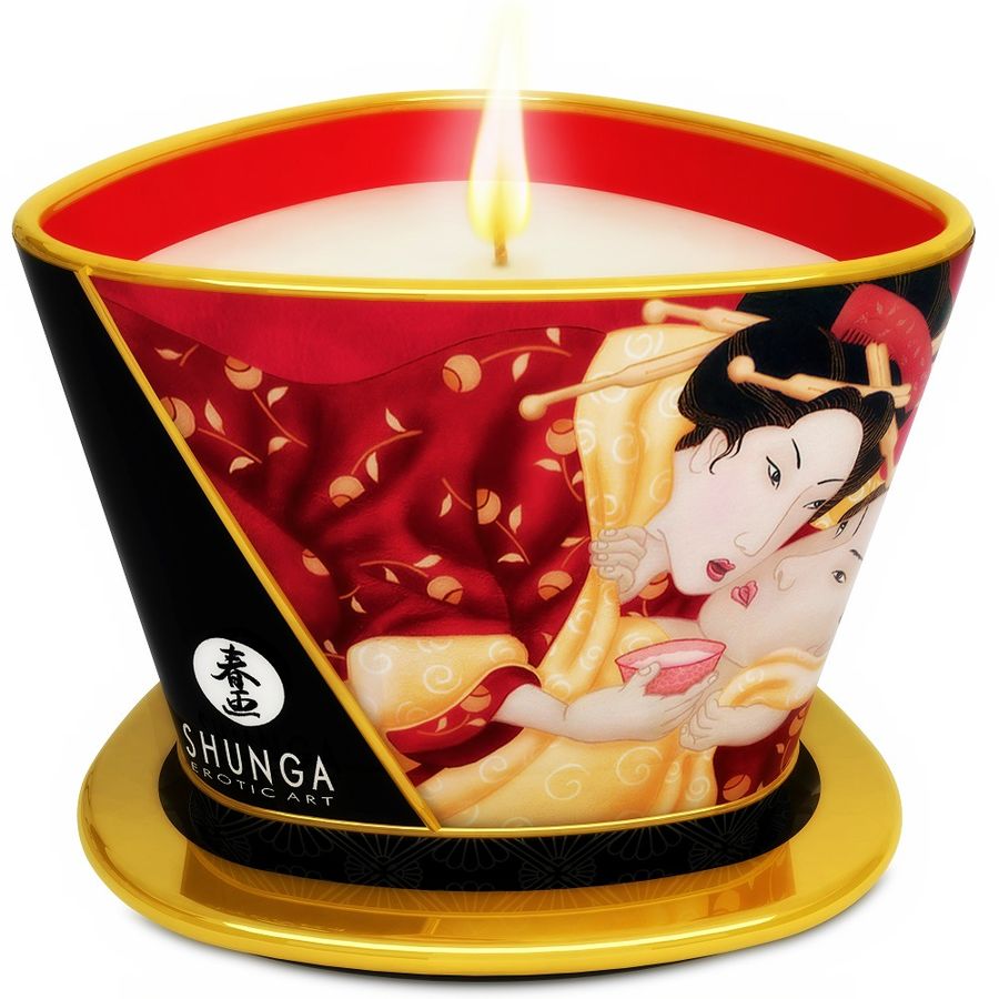 Shunga Candles - Mini Caress By Candlelight Strawberry And Massage Candle With Cava 170ml, Delicious Aroma For A Sensual Experience