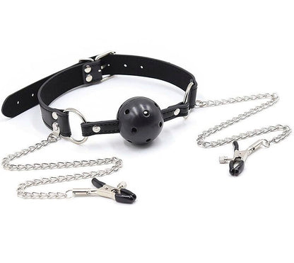 Ohmama Fetish - Ball Gag with Vent Mouth and Nipple Clamps, Stainless Steel BDSM Set