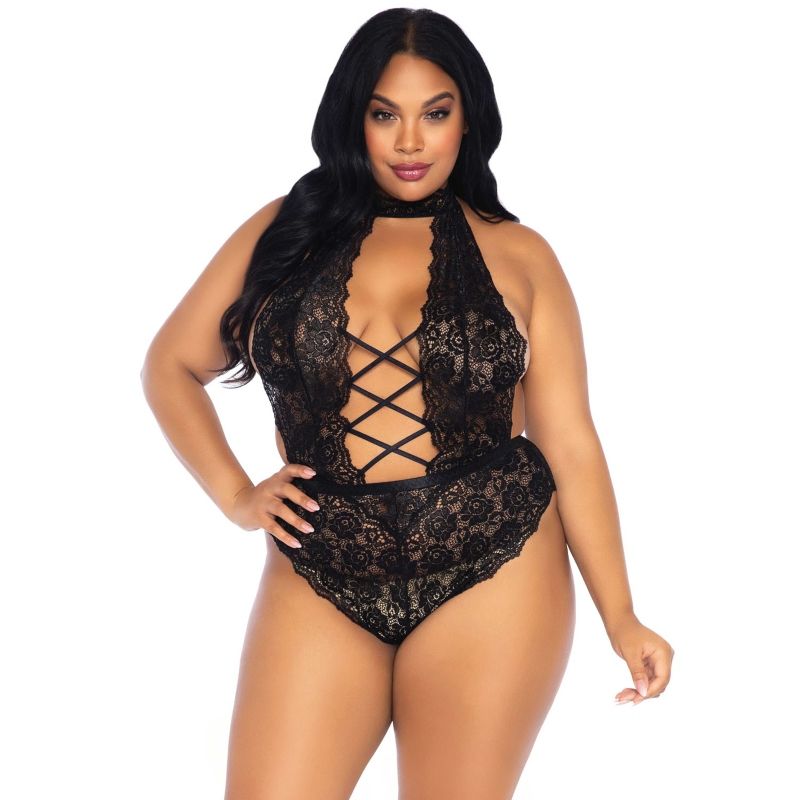 Leg Avenue Teddies - Black Floral Crochet Lace Cutout Teddy, Plus Size