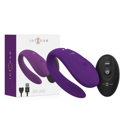 Intense Couples Toys - Bruno Vibrator With Remote Control, Double Pleasure Purple, 10 Vibration Patterns, Medical Silicone, Rechargeable, Submersible IPX6, Dimensions: 62mm x 15.5mm x 36mm