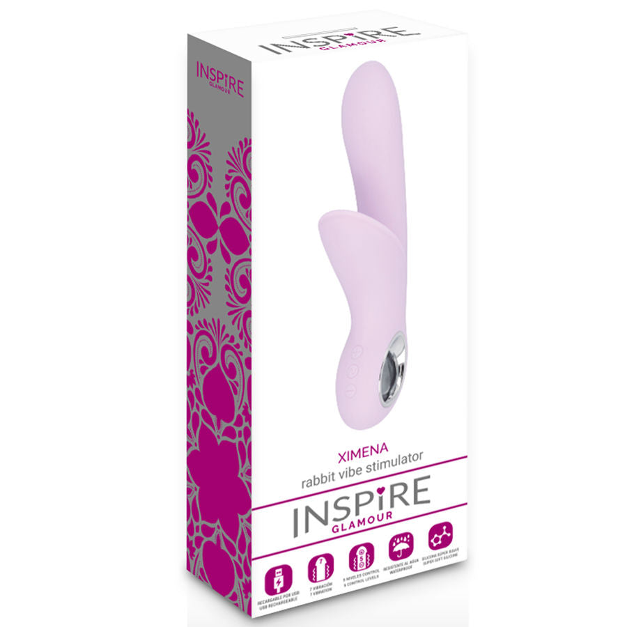 Inspira Glamor - Ximena Rabbit Mallow, Rechargeable Vibrator, 7 Vibration Functions + 5 Speed ​​Controls, Water Resistant, Hypoallergenic Silicone, Curved Design, Flexible Clitoral Stimulator