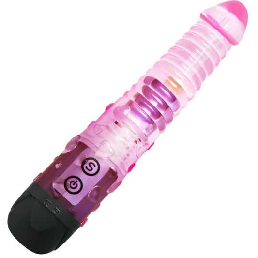 Baile Vibrators - Pink Multi-Climax Vibrator with 10 Functions, Ribbed Shaft, Water Resistant, TPR, 2AAA Batteries, Measurements: See Image