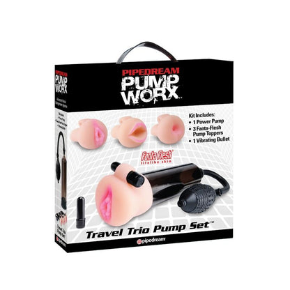 Pump Worx Travel Trio Pump Set with Fanta-Flesh Sleeves, Waterproof Vibrator and Travel Accessories