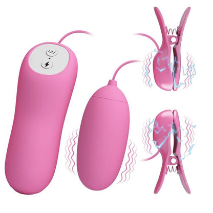 Pretty Love Flirtation - Pink Vibrating Egg and Nipple Clamps with Vibration and Electric Shock Functions