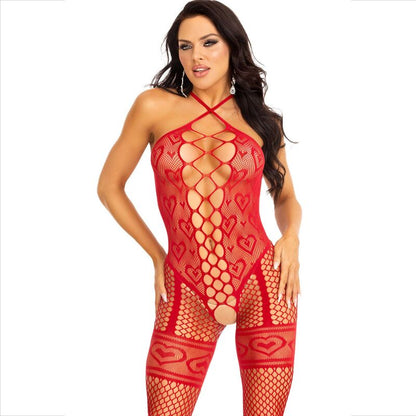 Leg Avenue Bodystockings - Red Hearts Halter Neck Bodystocking on Red Background