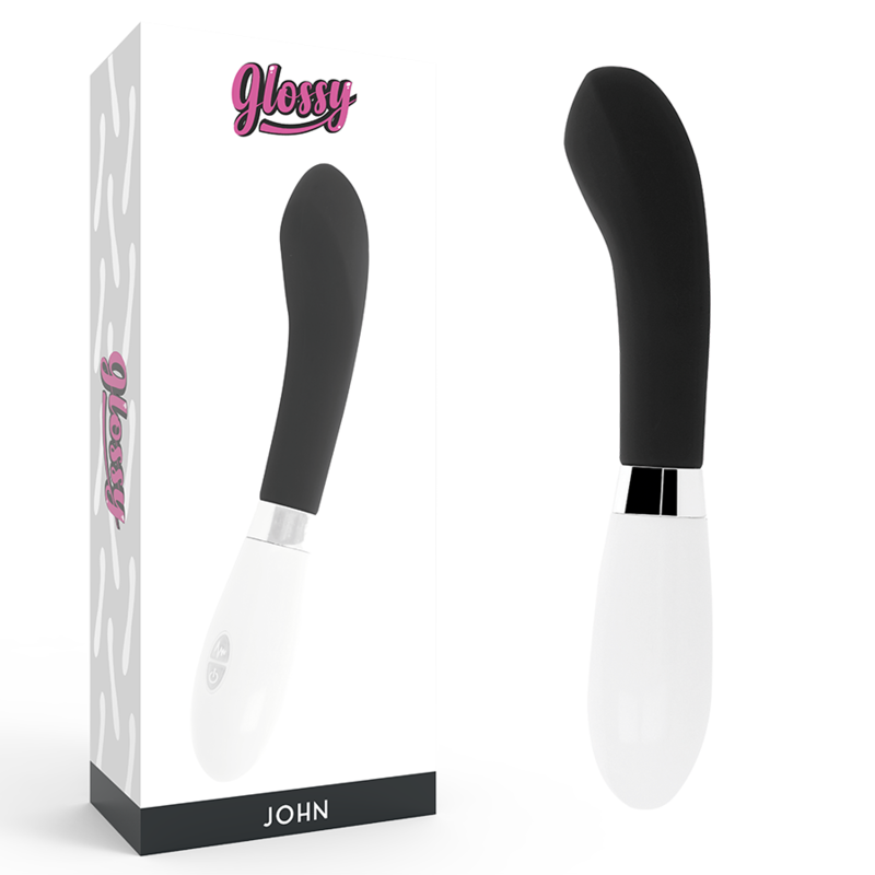 Glossy - John Vibrator Black, Curved Vibrator with 10 Functions, Total Length 12cm, Silicone Material, Works with 2 AAA Batteries