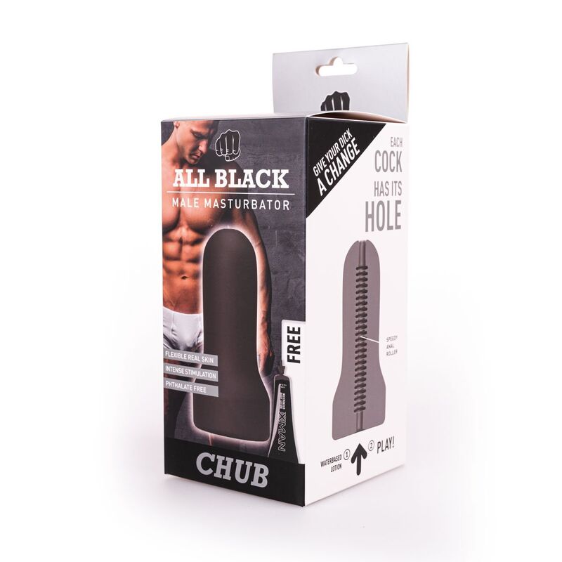 All Black - Loop Masturbator Model 2 with Smooth Exterior and Striped Texture, 17 cm, Phthalate Free Safe Material