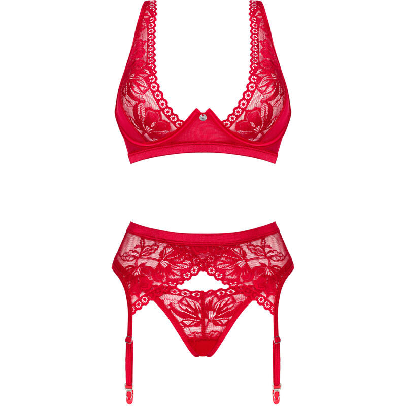 Obsessive Sets - Lacelove Red XS/S Three Piece Set, Bra, Thong and Garter Belt