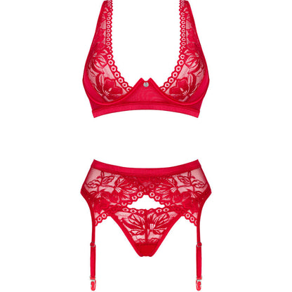 Obsessive Sets - Lacelove Red XS/S Three Piece Set, Bra, Thong and Garter Belt