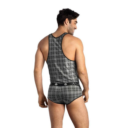 Anais Men Accesories - Balance Top S, Black, Gray and White Plaid Soft Microfiber, Sleeveless