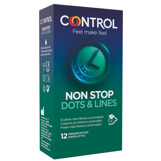 Control Condoms - Non-Stop Condoms With Dots And Lines, 12 Pieces, Natural Latex, Lubricated, Anatomical, Retardant Effect, Width 53 mm