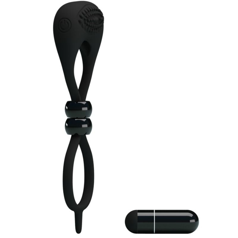 Pretty Love Male - Double Penis and Testicles Ring with Vibrator, Material Silicone and ABS, Vibration Mode, Color Black, Various Measurements