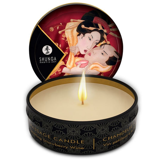 Shunga Candles- Mini Caress By Candelight Căpșuni Și Lumânare De Masaj Cu Cava 30 Ml