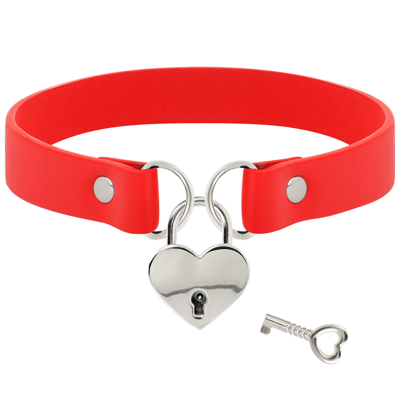 Coquette Accessories - Red Vegan Leather Heart Collar With Key, 40cm x 2cm