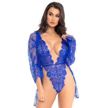 Leg Avenue Teddies - Floral Lace Teddy, Robe &amp; Thong, Blue, L