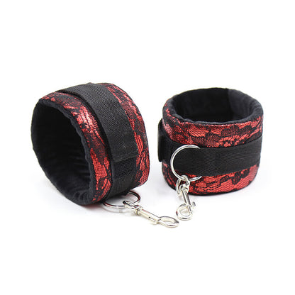 Ohmama Fetish - Velvet Handcuffs with Nylon Band, Color Red and Black, Material 70% Polyester / 10% Iron / 20% PVC, One Size, Adjustable