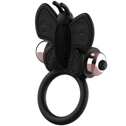 Coquette Chic Desire - Butterfly Cock Ring With Vibrator Black/Gold, Soft and Durable Silicone, Strong Vibrating, IPX6, Size 82 x 41MM, With Gold Bag Included