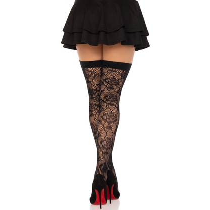 Leg Avenue Hosiery- Wild Roses Net Stocuri Negru