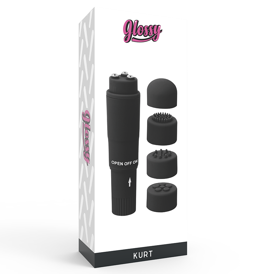 Glossy - Kurt Pocket Massager Black, Mini Massager with 4 Soft Heads, Dimensions 10.7 cm, Waterproof, Silent