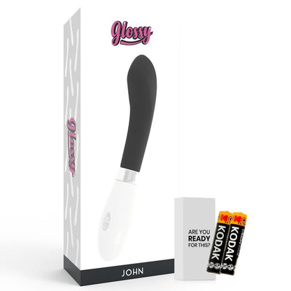 Glossy - John Vibrator Black, Curved Vibrator with 10 Functions, Total Length 12cm, Silicone Material, Works with 2 AAA Batteries