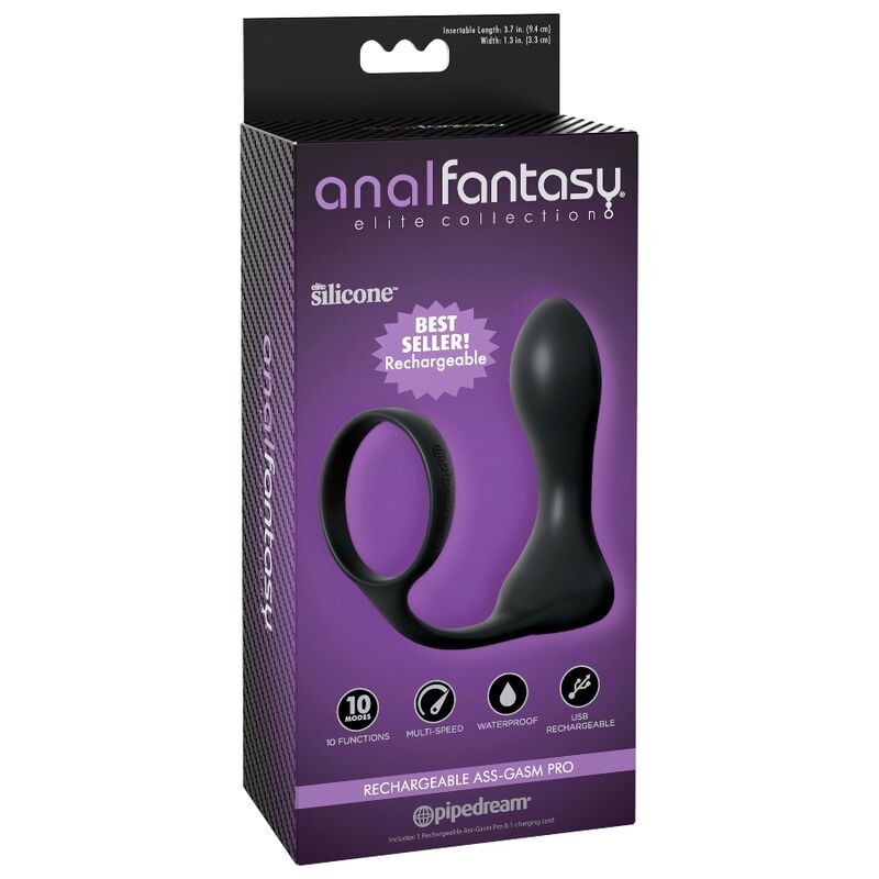 Anal Fantasy Elite Collection - Ass-Gasm Pro Rechargeable Elite Collection - Prostate Stimulation and Cockring - Length: 4.5 in, Width: 1.2 in, Insertable Length: 3.7 in, Inner Diameter: 1.6 in, Weight: 99.22 grams