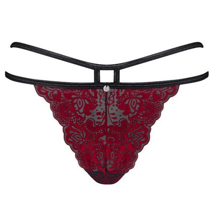 Obsessive Panties &amp; Thong - Burgundy Velvet Sugestina Thong with Black Straps and Triangle Cutout