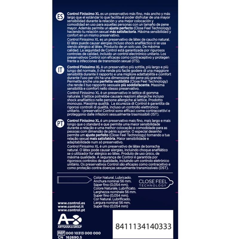 Finissimo XL Control Condoms - Thin, Ergonomic and Lubricated Latex 12 Units