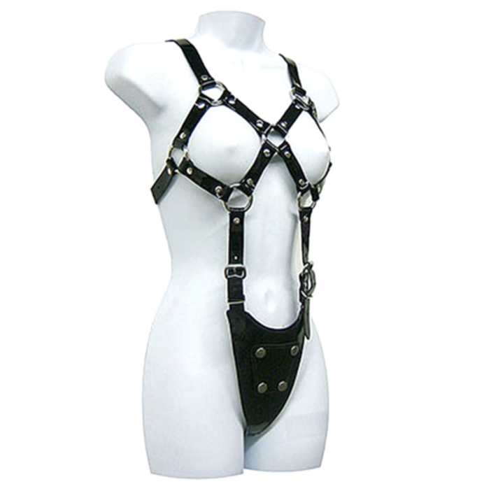 Leather Body - Exposed Leather Body with Dildo, Adjustable Harness S/XL