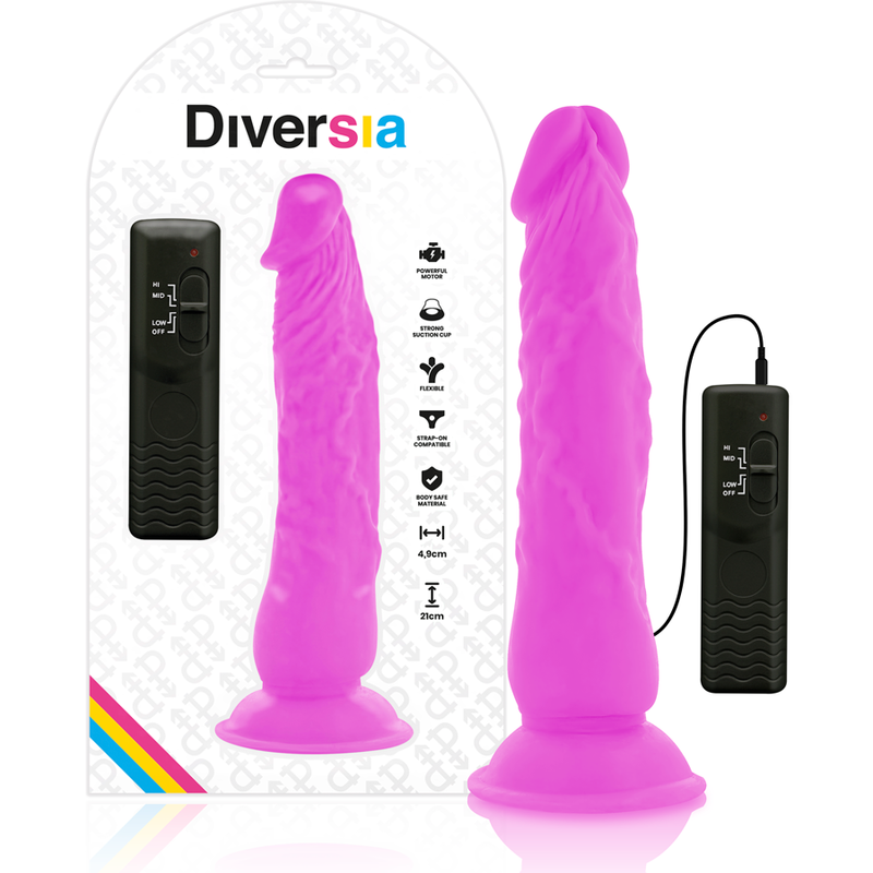 Diversia - Flexible Vibrator with Remote Control 21 cm, Purple, Compatible with Harnesses, Water Resistant, Safe Materials, 100% Phthalate Free