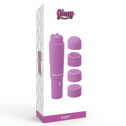 Glossy - Kurt Purple Pocket Massager, Mini Massager with 4 Soft Heads, Size 10.7cm, Waterproof, Silent