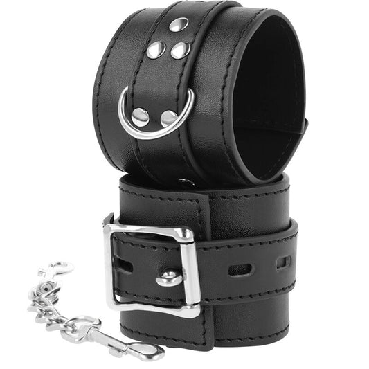 Darkness Bondage - Heavy Duty Adjustable Phthalate Free Black Leather BDSM Handcuffs With Chains And Metal Buckles