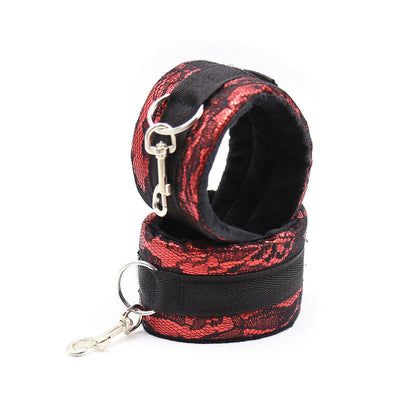 Ohmama Fetish - Velvet Handcuffs with Nylon Band, Color Red and Black, Material 70% Polyester / 10% Iron / 20% PVC, One Size, Adjustable