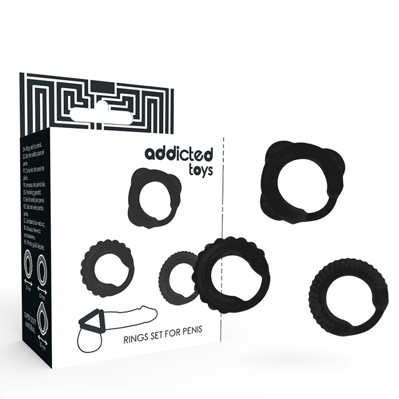 Addicted Toys C-Ring Set Black, Set of 3 Penis Rings, Various Measures, Prevents Premature Ejaculation