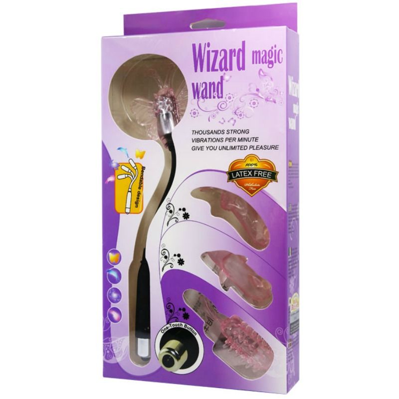 Baile Stimulating - Wizard Magic Wand Stimulator 4 Heads Vibrator, Strong Vibration, Waterproof, Batteries: 1 LR1, Material: TPR and ABS, Size: See Picture, Latex Free, Bendable Neck