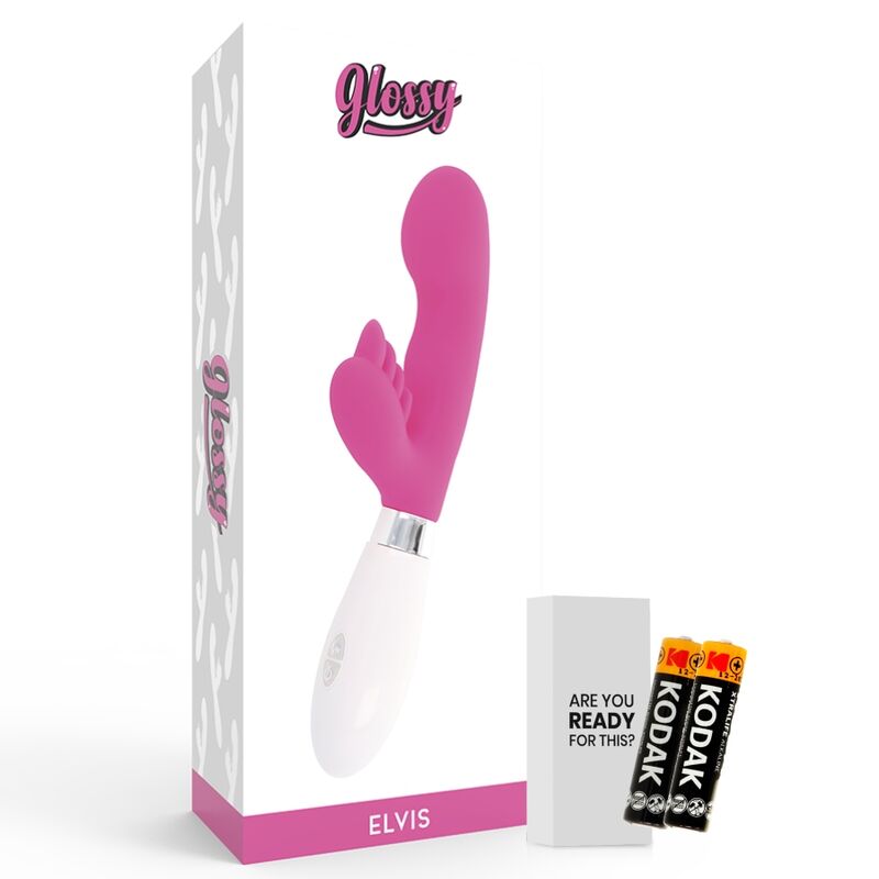 Glossy - Elvis Rabbit Pink, Silicone Vibrator with 10 Functions, 12cm, Works with 2 AAA Batteries