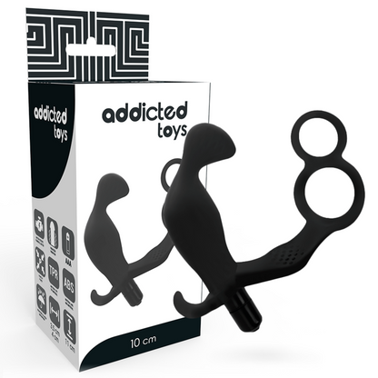 Addicted Toys Anal Plug With Double Penis And Testicle Ring Black, Combined Anal And Genital Pleasure, Plug Length 11.4cm, Plug Diameter 4cm