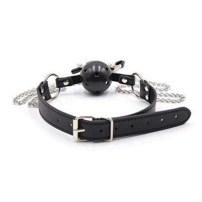 Ohmama Fetish - Ball Gag with Vent Mouth and Nipple Clamps, Stainless Steel BDSM Set