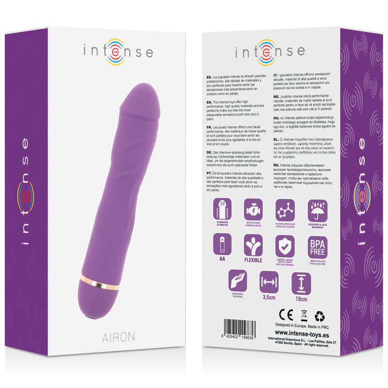 Intense Fun - Airon Vibrator with 20 Speeds, Soft Silicone, Water Resistant, 3.5 cm x 18 cm, Purple