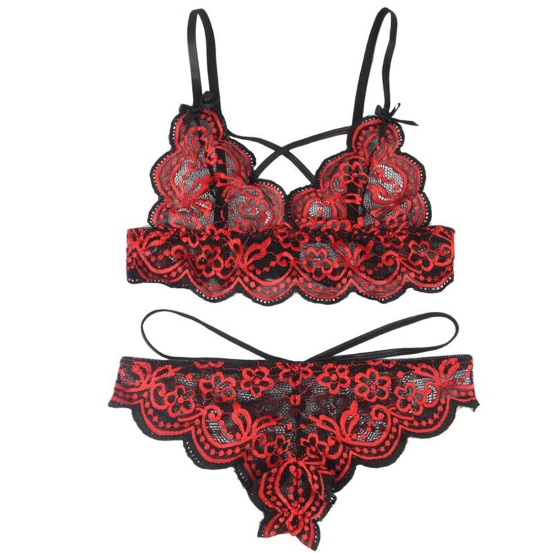 Subblime Sets - Embroidery Pattern Lace Top And Panty Two Piece Set, L/XL