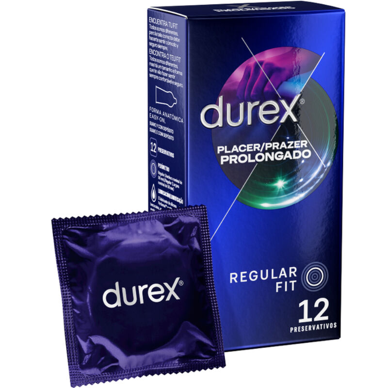 Durex Condoms - Condoms Prolonged Pleasure with Delayed Effect 12 Units, Performa Lubricant, Natural Latex, Transparent