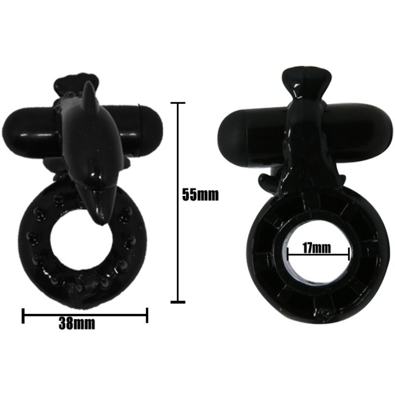 Baile For Him - Sweet Dolphin Clitoris Stimulator Ring, Made of High Quality Silicone, Strong Vibration, Material: TPR and ABS, Size: See Picture, Color: Black, Batteries: 3XLR41 (Included)