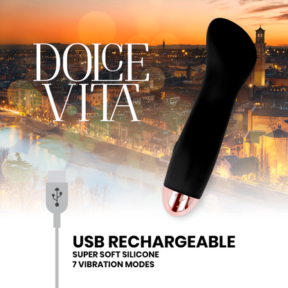 Dolce Vita - One Black Rechargeable Vibrator With 7 Speeds, Soft Silicone, 12.5cm Length, Elegant Design and Increasing Power