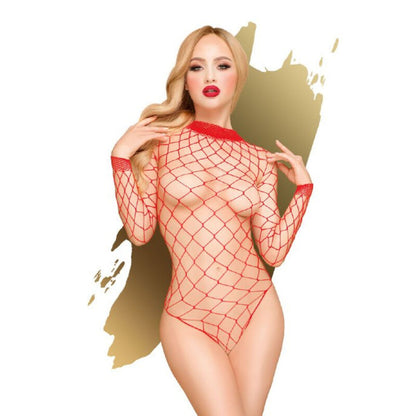 Penthouse Teddy - Red Scandalous Teddy Bear S/M/L Coarse Mesh Thong Bodysuit with Halter Collar