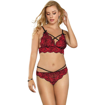 Subblime Sets - Embroidery Pattern Lace Top And Panty Two Piece Set, L/XL