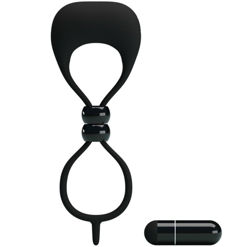 Pretty Love Male - Double Penis and Testicles Ring with Vibrator, Material Silicone and ABS, Vibration Mode, Color Black, Various Measurements