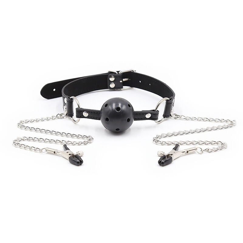 Ohmama Fetish - Ball Gag with Vent Mouth and Nipple Clamps, Stainless Steel BDSM Set