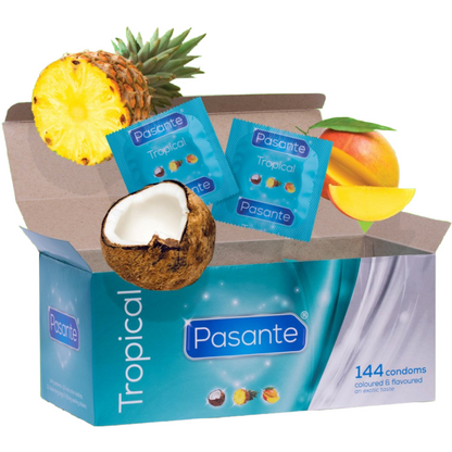 Pasante - Condoms Tropical Flavors 144 Units, Flavors: Mango, Pineapple, Coconut, Width 53 mm, Length 190 mm, No Spermicide, Marked with Kitemark, CE Mark