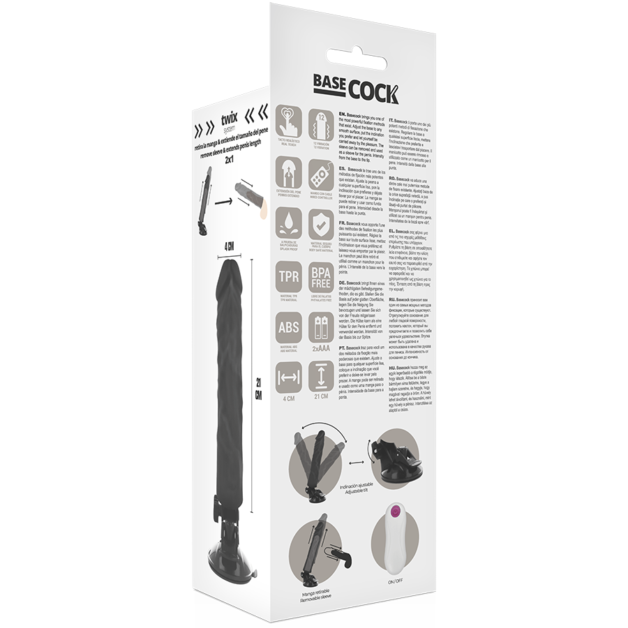 Basecock - Realistic Vibrator With Remote Control Black 21cm, 12 Vibration Modes, Silky TPE Material, Free Falatos